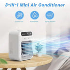 Mini humidifying cooling fan showing 2 wind speeds and 2 humidifier modes — weak wind for sleep, strong wind for cooling