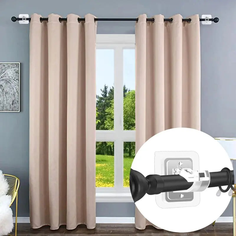 Curtain rod bracket installed on window frame holding beige blackout curtains in a living room