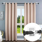 Curtain rod bracket installed on window frame holding beige blackout curtains in a living room