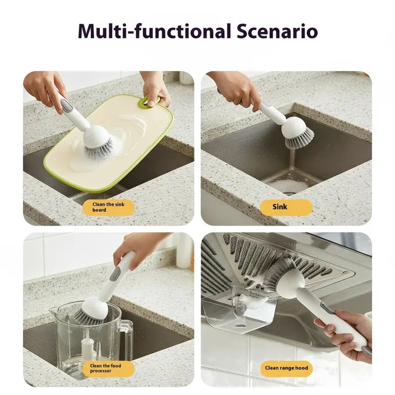 6-in-1 Rotating Dish Brush with Soap Dispenser — Adjustable Angle, Wall Mount, 360° Scrub for Pots, Pans & Dishes