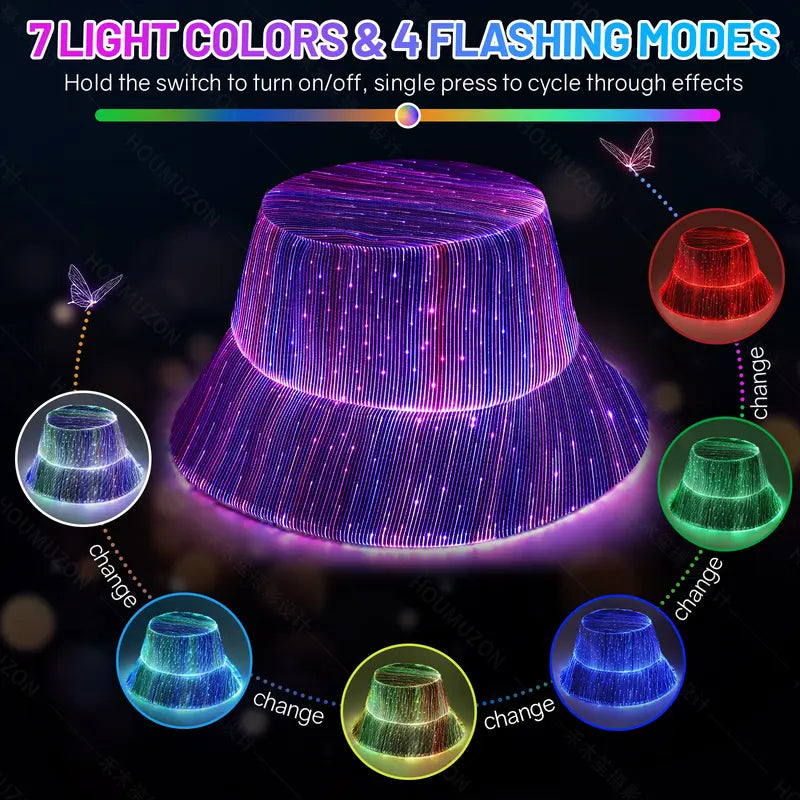CARVEDREAM LED Fisherman's Hat, 7-Color Glowing, One-Size, Festival Party & Music Event Accessory, Birthday Hat