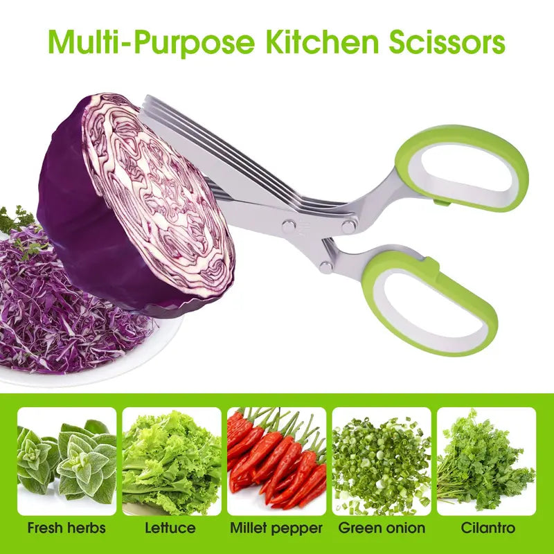Herb Scissors - 5 Blade Kitchen Herb Shears with Safety Cover & Cleaning Comb (Green)