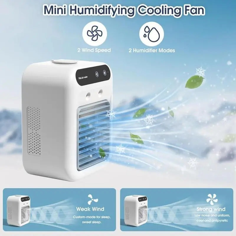 Mini air cooler on nightstand at night showing ≤20dB low speed for sleep and ≤40dB high speed for leisure — two wind speeds adjustable