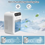 Mini air cooler on nightstand at night showing ≤20dB low speed for sleep and ≤40dB high speed for leisure — two wind speeds adjustable