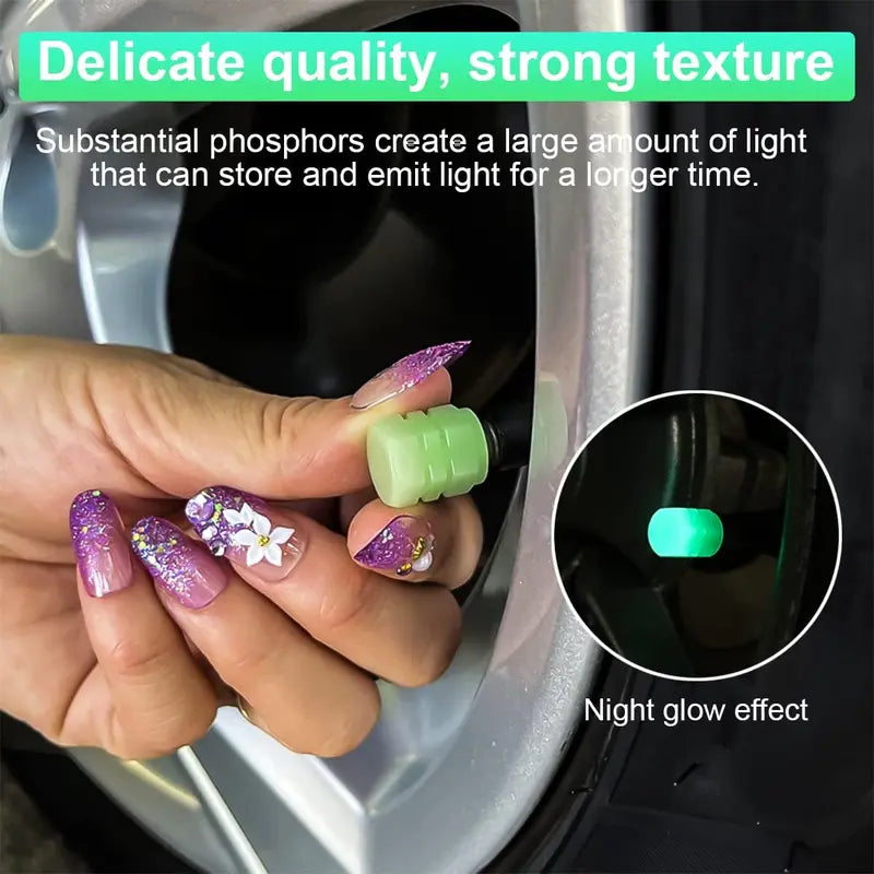 Luminous Tire Valve Stem Caps  – Glow in the Dark, Leak-Proof, Corrosion Resistant | Universal Car Truck Motorcycle Bike (Green)