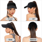 Collage showing women wearing sun visor hat at beach, travel, running, and daily wear scenarios