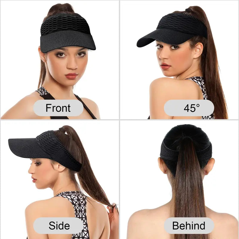 Collage showing women wearing sun visor hat at beach, travel, running, and daily wear scenarios