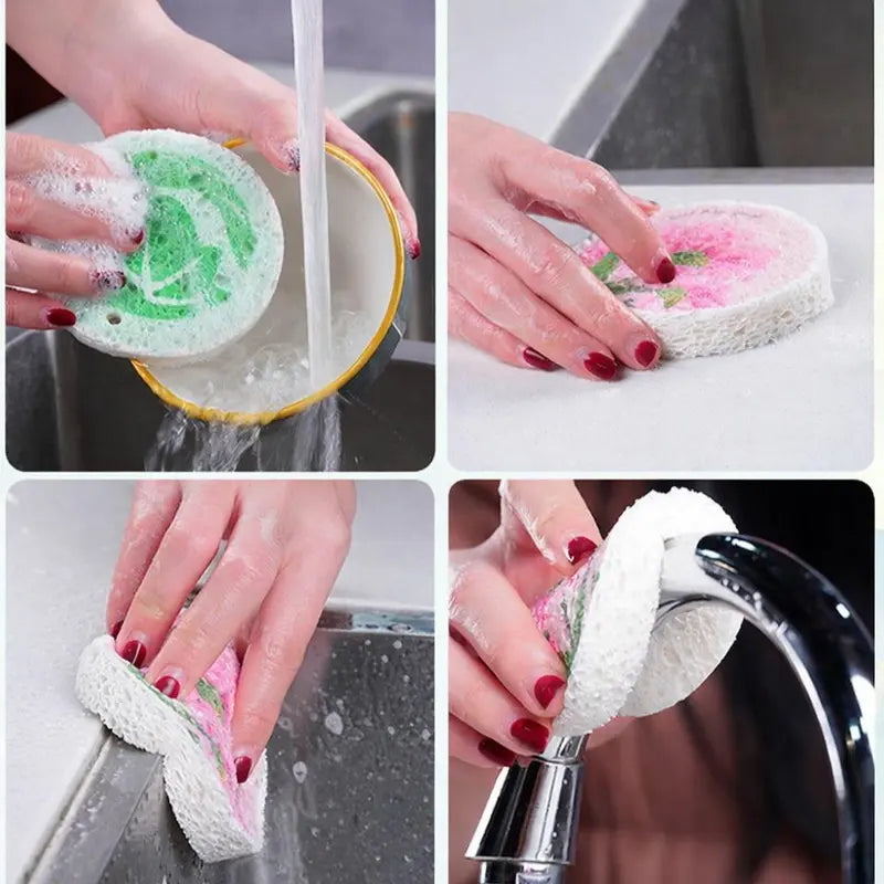 Floral Cellulose Scrubber Pads — Eco-Friendly Wood Pulp Sponge, Scratch-Free, High-Absorbency for Kitchen & Bathroom