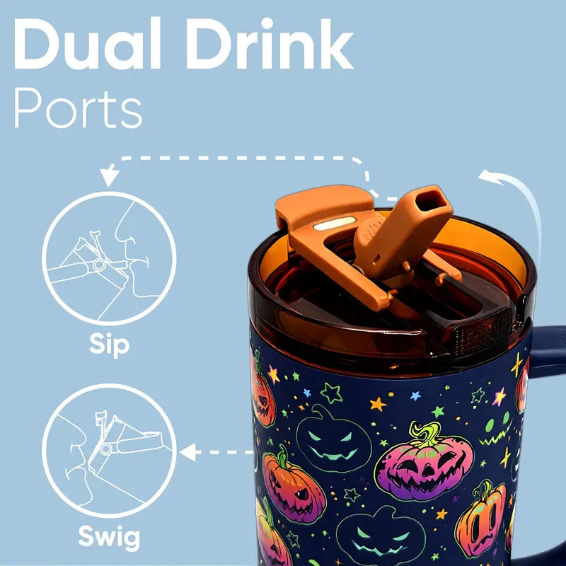 Halloween Glow in the Dark Tumbler with Handle & Straw – Pumpkin Pattern Insulated Travel Mug for Coffee, Water & Cold Drinks