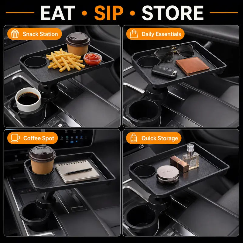 Car Cup Holder Tray Table – Rotating Detachable Snack & Drink Organizer with Adjustable Expander Base