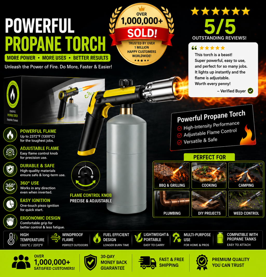 Propane Torch — One-Touch Max Fire, Safety Lock, Adjustable Flame | BBQ, Searing, Fireplace