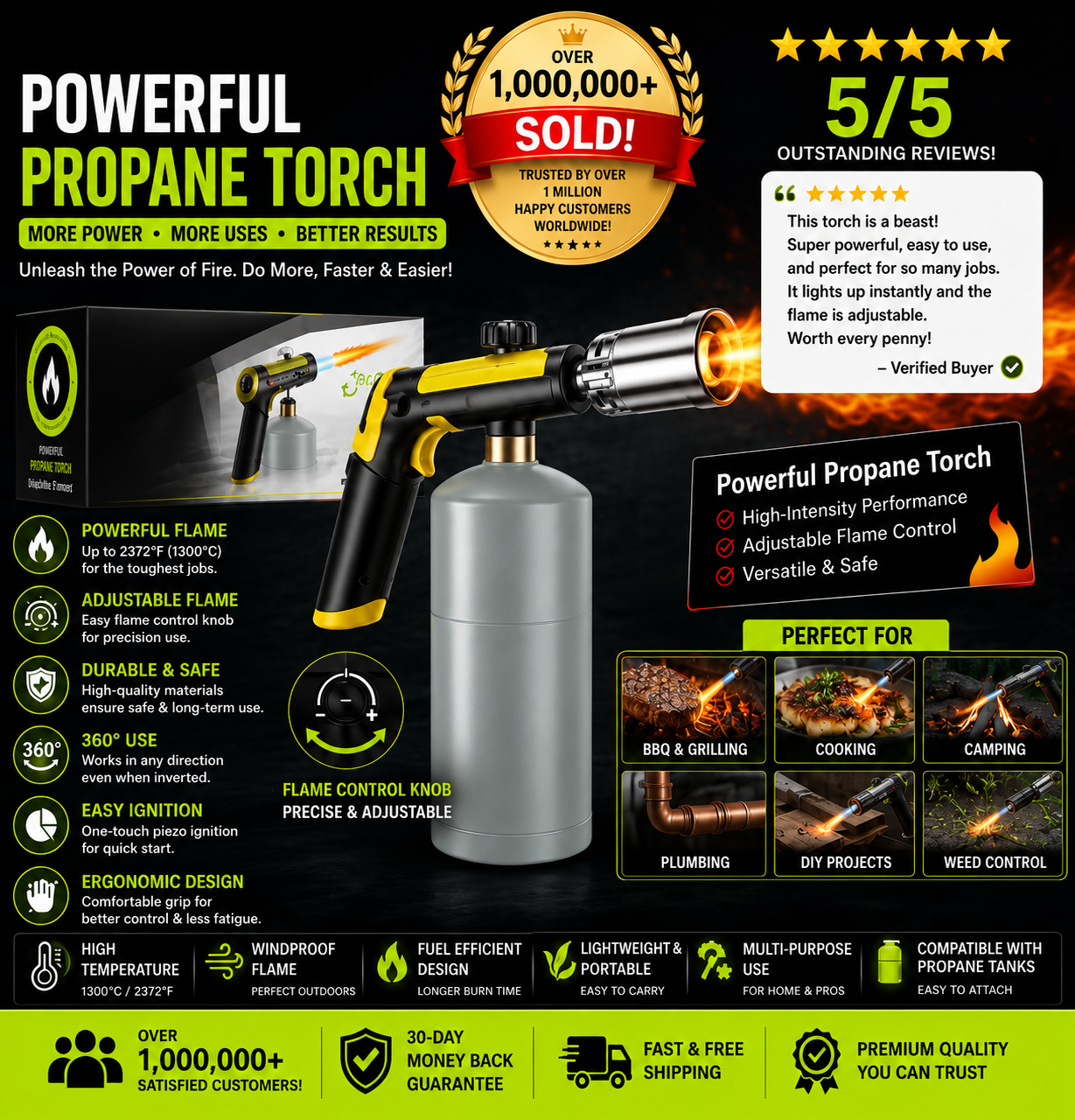 Propane Torch — One-Touch Max Fire, Safety Lock, Adjustable Flame | BBQ, Searing, Fireplace