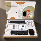 X9 combo box opened showing smart watch, earbuds, bands and accessories in black