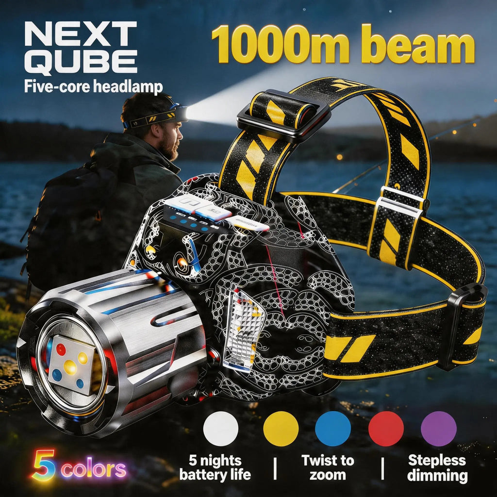 Five-color headlamp,1000m throw,5 nights in 1 charge. Red, white, yellow, blue, purple. Repels bugs, lights floats,Counterfeit detection. Twist to zoom, motion sensor, stepless dimming,120° tilt.Strobe mode. Night fishing, repairs,hiking, camping,mining
