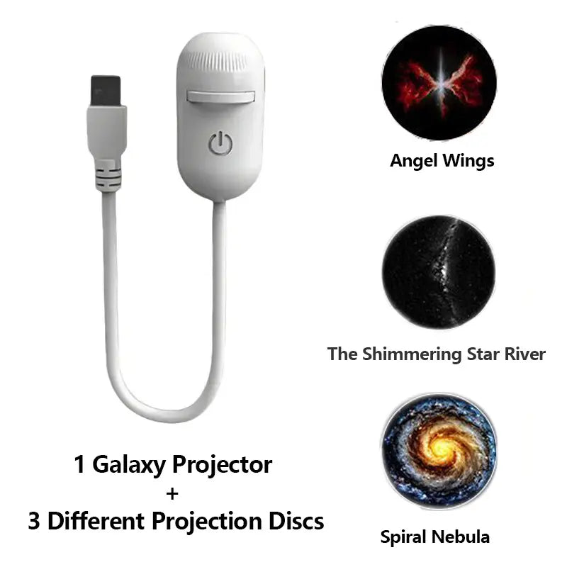 Galaxy projector lifestyle shot — starry sky projection on bedroom ceiling with warm ambient glow