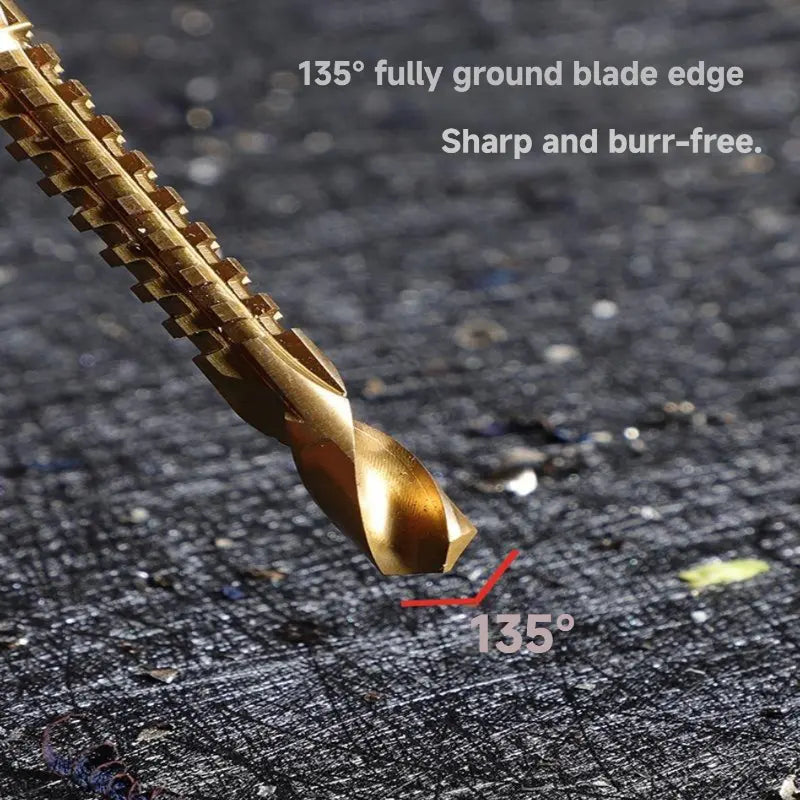 135 degree fully ground blade edge - sharp and burr-free titanium drill bit close-up