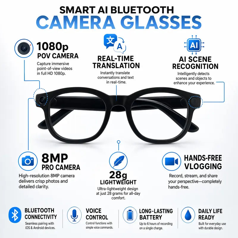 Smart AI Bluetooth Camera Glasses infographic — 1080P POV camera, real-time translation, AI scene recognition, 8MP pro camera, 28g lightweight, hands-free vlogging, Bluetooth, voice control, long battery