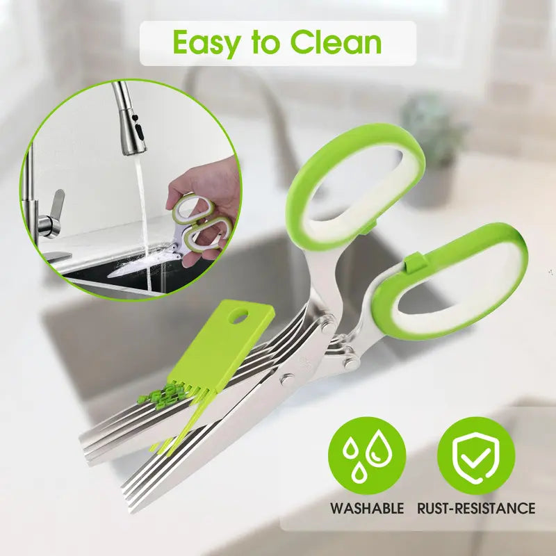 Herb Scissors - 5 Blade Kitchen Herb Shears with Safety Cover & Cleaning Comb (Green)
