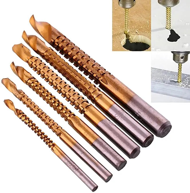 6-piece titanium drill bit set with drilling into wood and plastic demonstrations