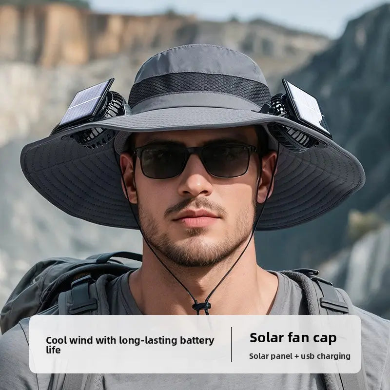 Solar Fan Hat — Wide Brim Fishing & Hiking Sun Hat with Dual Fans, USB Charging & Water-Repellent Fabric