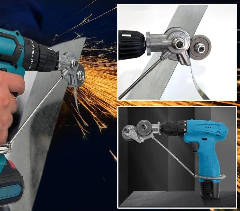 Easy Effortless — drill nibbler cutting thin green sheet metal, close-up of blade, and nibbler on cordless drill