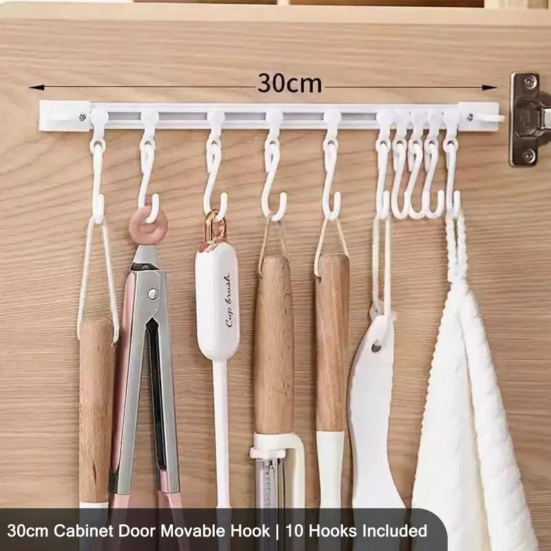 Multifunctional Slide Rail Hook Rack – No-Drill Adhesive Wall Organizer with 10 Adjustable Hooks for Kitchen, Bathroom & Bedroom