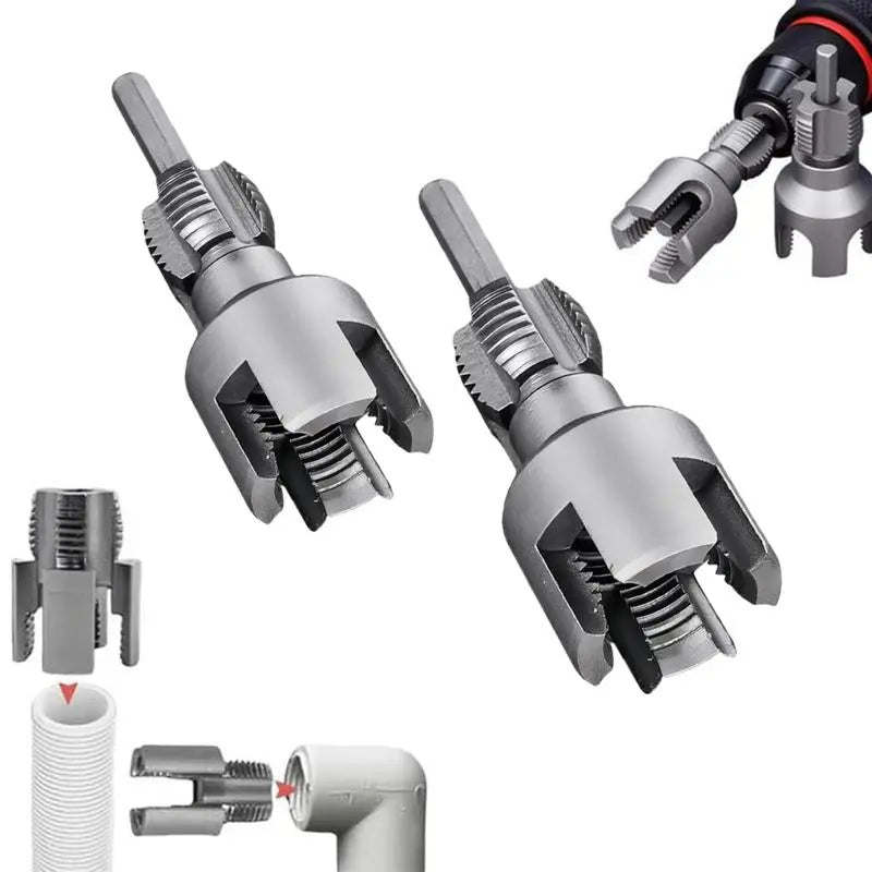 Pipe thread cutter close-up showing alloy steel cutting teeth and hex shank detail