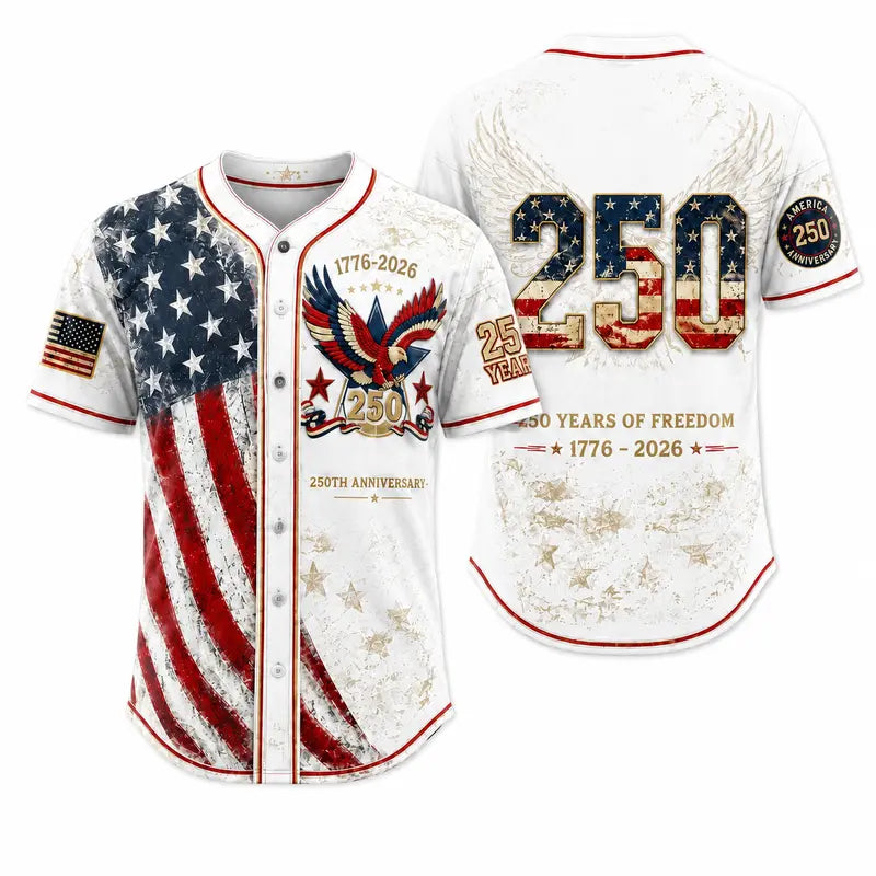 Patriotic Baseball Jersey — 250th Anniversary 1776-2026 Distressed American Flag Eagle Graphic