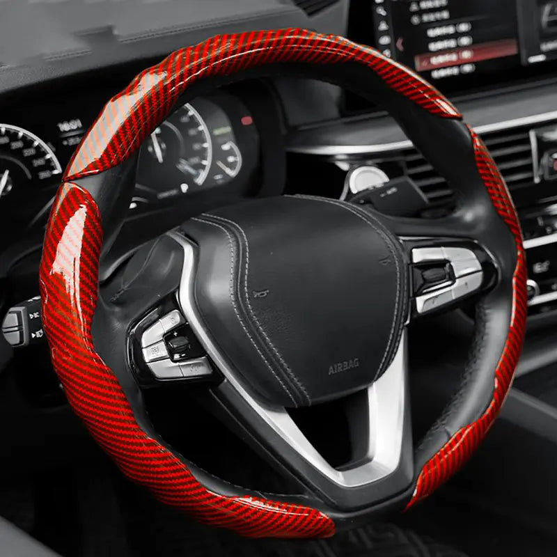 Carbon Fibre Steering Wheel Cover – Anti-Slip & Waterproof, 3D Embossed Card Structure, Universal O-Type & D-Type Fit | Black Red Blue  Four-Season Car Interior Accessory