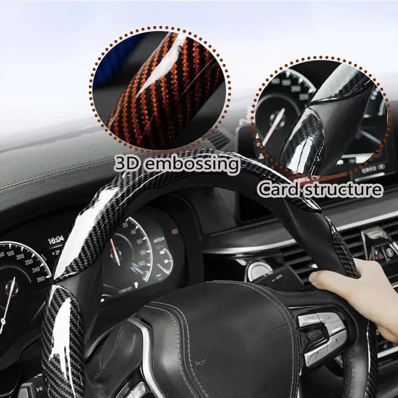 Carbon Fibre Steering Wheel Cover – Anti-Slip & Waterproof, 3D Embossed Card Structure, Universal O-Type & D-Type Fit | Black Red Blue  Four-Season Car Interior Accessory
