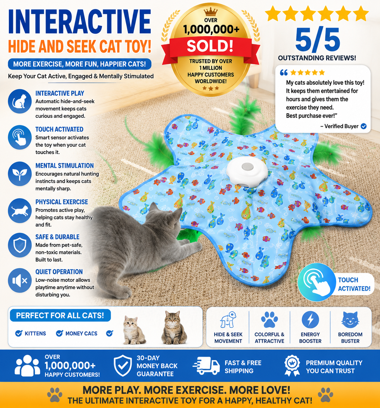 Interactive Hide & Seek Cat Toy — 360° Rotating Feather, Bird Sounds, 3 Modes, USB-C