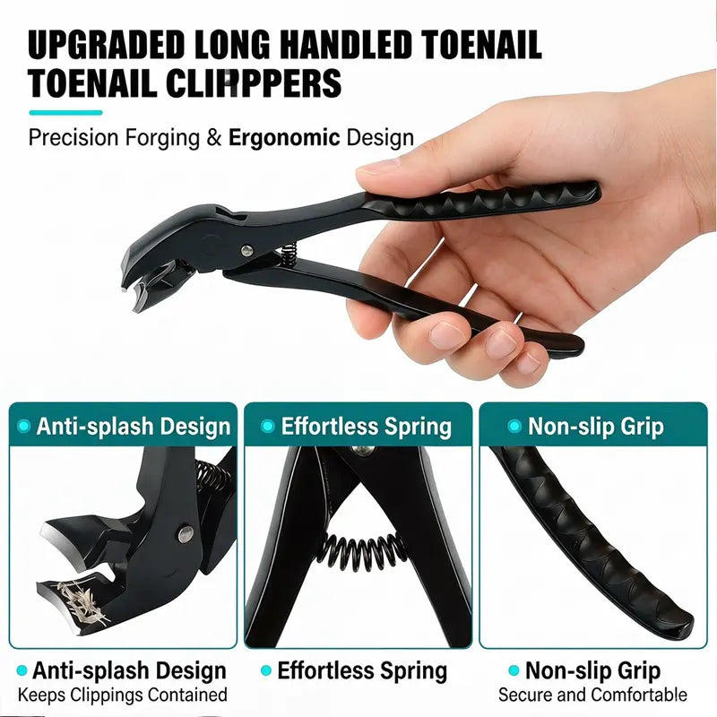 Long Handle Toenail Clipper — Ergonomic Stainless Steel, Wide Mouth for Thick Hard Nails, Anti-Splash, Non-Slip Grip