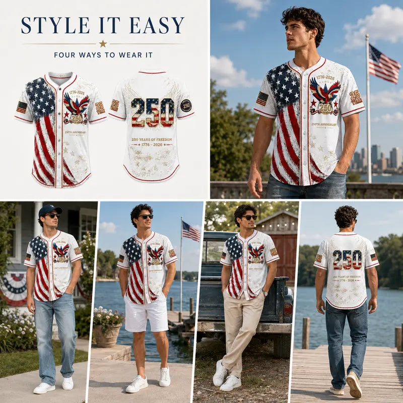 Patriotic Baseball Jersey — 250th Anniversary 1776-2026 Distressed American Flag Eagle Graphic