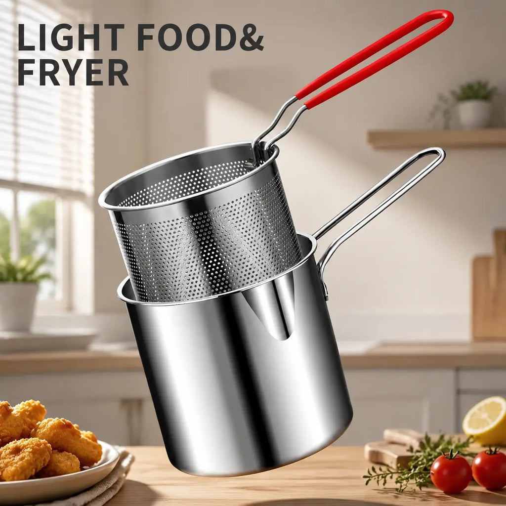 3Pcs Stainless Steel Deep Fryer Set  1-Person Mini Pot with Fry Pot, Filter Basket & Food Clip, Rust-Resistant Portable Cookware for Home Kitchen Chips, Chicken Wings