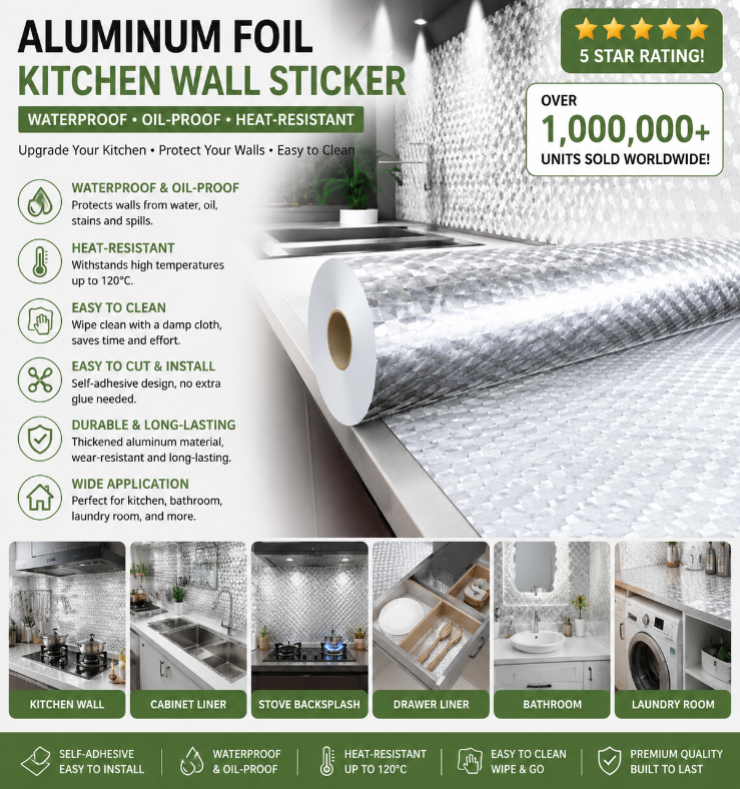 Aluminum Foil Kitchen Wall Sticker – Peel & Stick, Waterproof Oil-Proof Heat-Resistant up to 120°C |Self-Adhesive Contact Paper | Kitchen, Bathroom, Drawer Liner