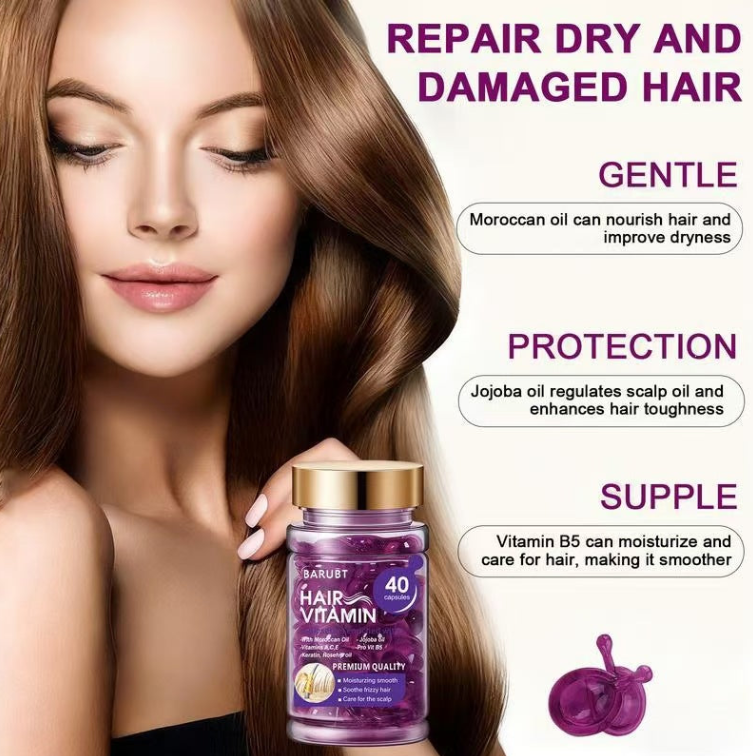 BARUBT Hair Vitamin Oil Capsules – Moroccan Oil, Jojoba, Keratin, Vitamins A C E | 40 Capsules, Repairs Dry Frizzy Damaged Hair