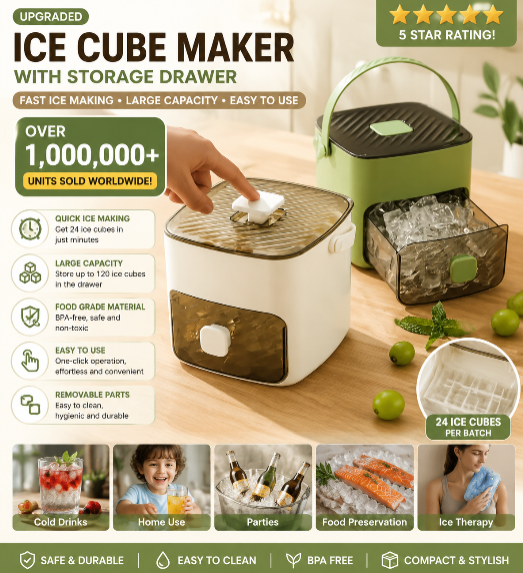 Upgraded Ice Cube Maker with Storage Drawer – 48 Cubes, Press-to-Dispense, Double-Layer, BPA-Free | Countertop Ice Tray for Summer Drinks